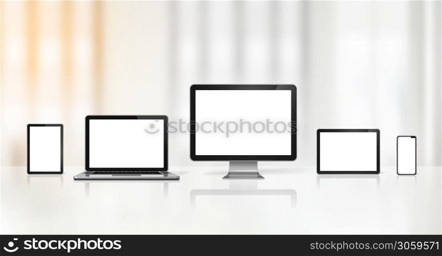 3D computer, laptop, mobile phone and digital tablet pc - office background. Illustration. computer, laptop, mobile phone and digital tablet pc