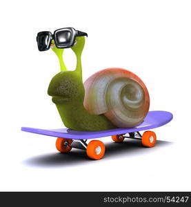 3d Cool cartoon snail in sunglasses riding on a skateboard. 3d render of a cool cartoon snail in sunglasses riding on a skateboard