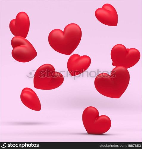 3d couple of hearts on extra light pink pastel background with clear shadow illustration. 3d render love or like.