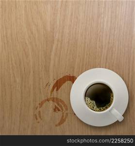 3d cup of coffee in a white cup on wooden background