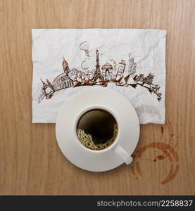 3d cup of coffee traveling around the world on crumpled paper and wooden background as concept