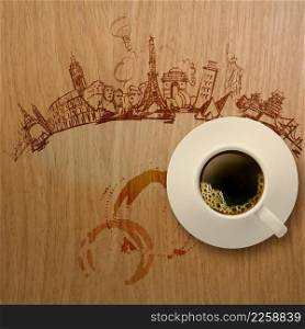 3d cup of coffee traveling around the world on wooden background as concept