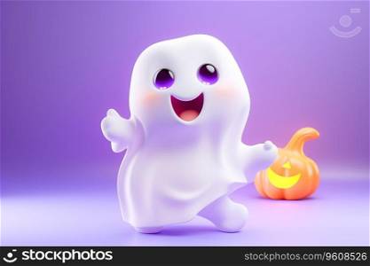 3d Cute and happy cartoon Ghost holding gift box pumpkin for Halloween with empty space Ai generated