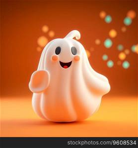 3d Cute and happy cartoon Ghost holding gift box pumpkin for Halloween with empty space Ai generated