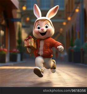 3d Cute cartoon rabbit with gift box and running Ai generated