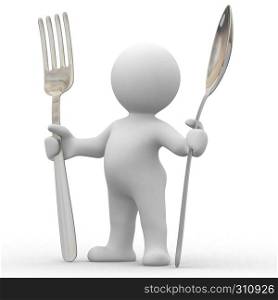 3d cute people very hungry with big spoon and fork
