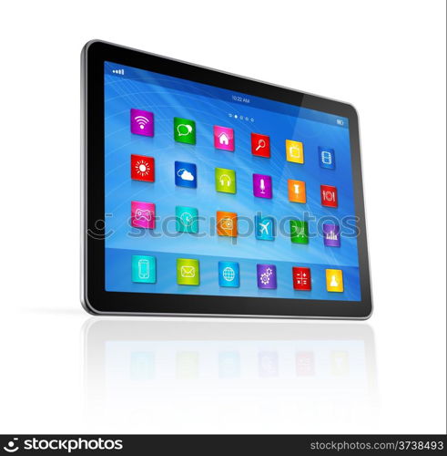 3D Digital Tablet Computer - apps icons interface - isolated on white with clipping path. Digital Tablet Computer - apps icons interface