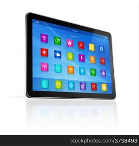 3D Digital Tablet Computer - apps icons interface - isolated on white with clipping path. Digital Tablet Computer - apps icons interface