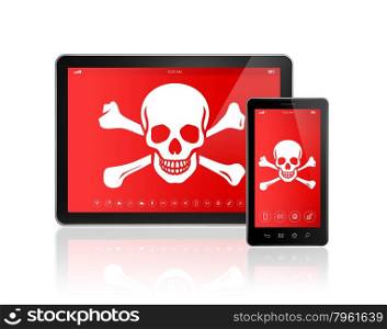 3D Digital tablet PC and smartphone with a pirate symbol on screen. Hacking concept. Digital tablet PC and smartphone with a pirate symbol on screen. Hacking concept