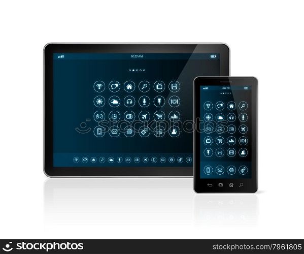 3D digital tablet pc and smartphone with apps icons interface - isolated on white with clipping path. digital tablet pc and smartphone with apps icons interface