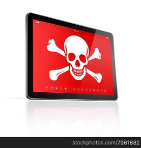 3D digital tablet PC with a pirate symbol on screen. Hacking concept. digital tablet PC with a pirate symbol on screen. Hacking concept