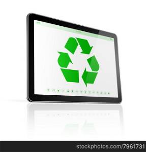 3D Digital tablet PC with a recycle symbol on screen. environmental conservation concept. Digital tablet PC with a recycle symbol on screen. environmental conservation concept