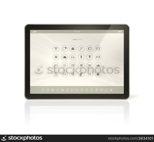 3D digital tablet pc with apps icons interface - isolated on white with clipping path. digital tablet pc with apps icons interface