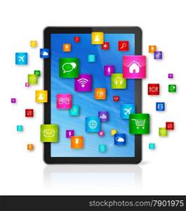 3D Digital Tablet pc with flying apps icons - isolated on white. Digital Tablet pc and flying apps icons