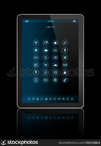 3D digital tablet with apps icons interface - isolated on black with clipping path. digital tablet with apps icons interface