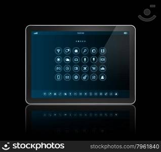 3D digital tablet with apps icons interface - isolated on black with clipping path. digital tablet with apps icons interface
