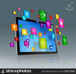 3D Digital Tablet with flying apps icons - isolated on grey. Digital Tablet and flying apps icons