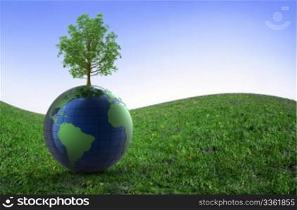 3d earth and tree in a meadow