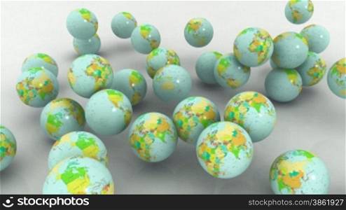 3D earths falling on white background