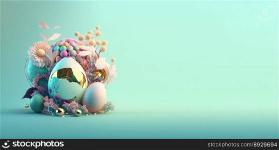 3D Easter Eggs and Flowers with a Fantasy Wonderland Theme for Banner