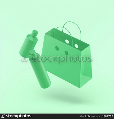 3d eco bag with shampoo tubes simple icon 3d illustration on green pastel abstract background. minimal concept. 3d rendering