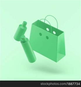 3d eco bag with shampoo tubes simple icon 3d illustration on green pastel abstract background. minimal concept. 3d rendering