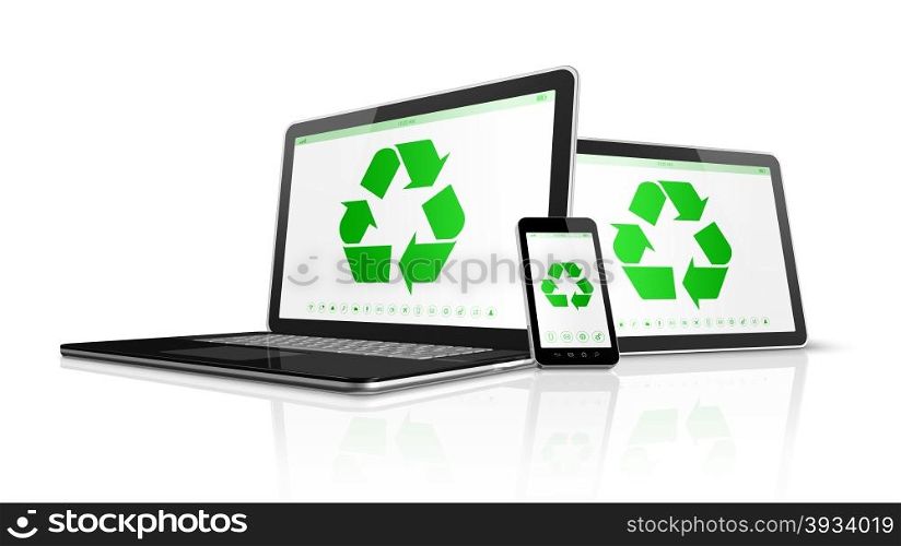 3D Electronic devices with a recycling symbol on screen. environmental conservation concept. Electronic devices with a recycling symbol on screen. environmental conservation concept
