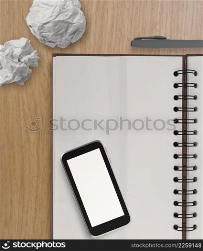 3d empty mobile phone and note book on the wooden desk