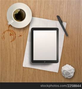 3d empty tablet and a cup of coffee on the wooden desk