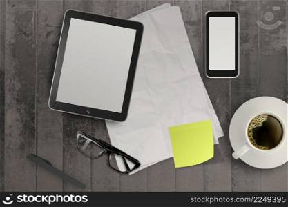 3d empty tablet and a cup of coffee with note pad on the grunge wooden desk