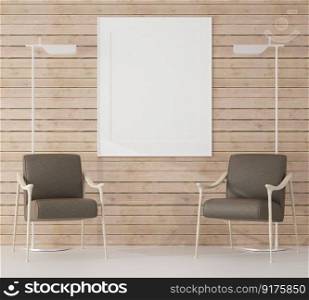 3D∫erior design for rest cor≠r or living room with frame mockup, Perspective in minimal sty≤with modern design of armchair and tall l&, rendering 