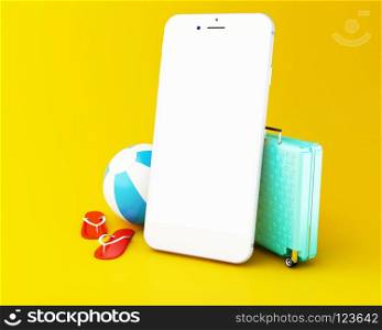 3d flip flops, travel suitcase and beach ball on a smartphone wi. 3d illustration. flip flops, travel suitcase and beach ball on a smartphone with white screen. Tropical summer vacation concept.