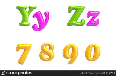 3D Font creative. ABC collection. Isolated. Alphabet type letters with numbers and symbols. Y, Z, 7, 8, 9, 0. High Quality clean sharp letters.Yummy ALPHABET COLLECTION.