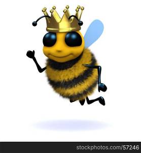 3d Funny cartoon honey bee character is wearing a gold crown. 3d render of a funny cartoon honey bee wearing a gold crown