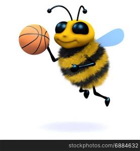 3d Funny cartoon honey bee character playing basketball. 3d render of a funny cartoon honey bee character playing basketball