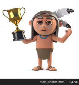 3d Funny cartoon Native American Indian holding a gold cup trophy award. 3d render of a funny cartoon Native American Indian holding a gold cup trophy award