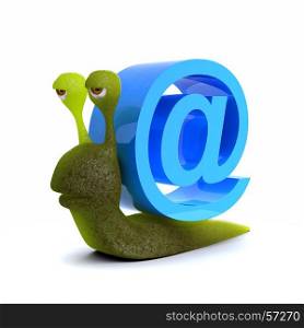 3d Funny cartoon snail character has an email address symbol. 3d render of a funny cartoon snail character with an email address symbol instead of a shell