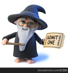 3d Funny cartoon wizard character has a ticket to the show