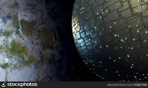 3D Giant spherical spaceship approaching Earth for futuristic deep space travel or science fiction backgrounds.