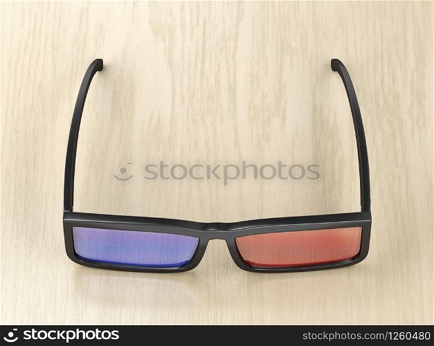 3D glasses on wood background