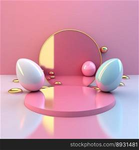 3D Glossy Pink Podium with Easter Egg Decorations for Product Display