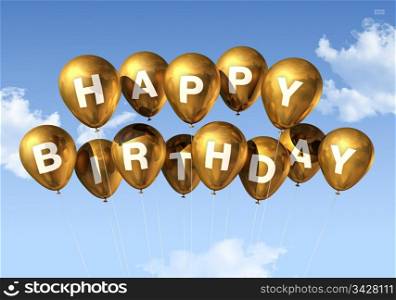 3D gold Happy Birthday balloons in the sky. Gold Happy Birthday balloons in the sky