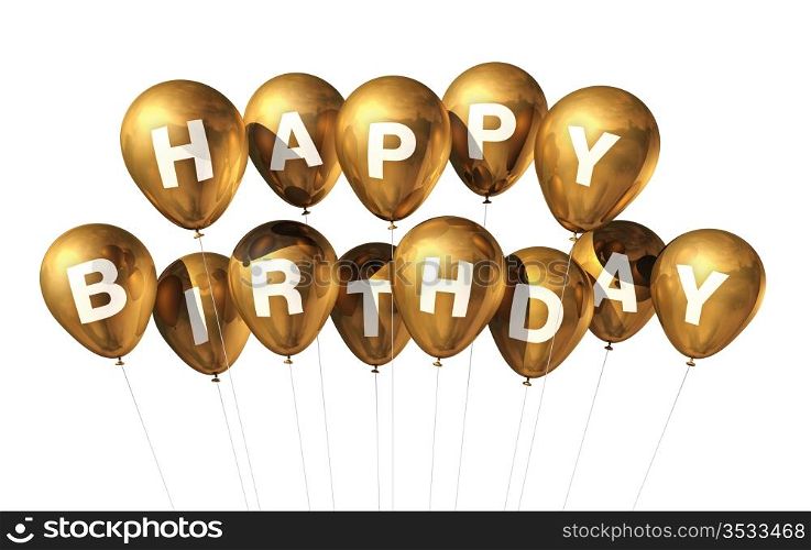 3D gold Happy Birthday balloons isolated on white background. Gold Happy Birthday balloons