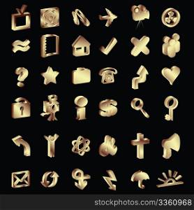 3D gold icons set on black, vectors