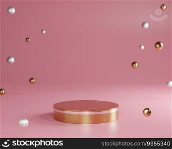 3D gold minimal podiums, pedestals, steps on pink background and gold ball decoration. Mock Up. 3d rendering.