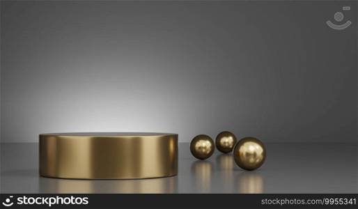 3D gold minimal podiums, pedestals, steps on the background and gold ball decoration. Mock Up. 3d rendering.