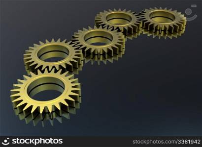 3d golden gears on a black reflective ground