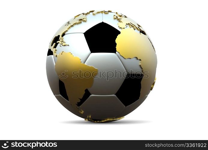 3d golden soccer ball with extruded continents