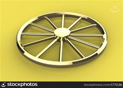 3d golden wheel Isolated on a yellow background. 3d golden wheel