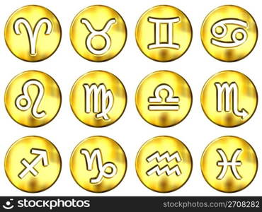 3d golden zodiac signs isolated in white